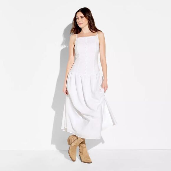 wild fable Dresses & Skirts - Women's High Neck Dropped Waist Midi A-Line Dress - Wild Fable White XL